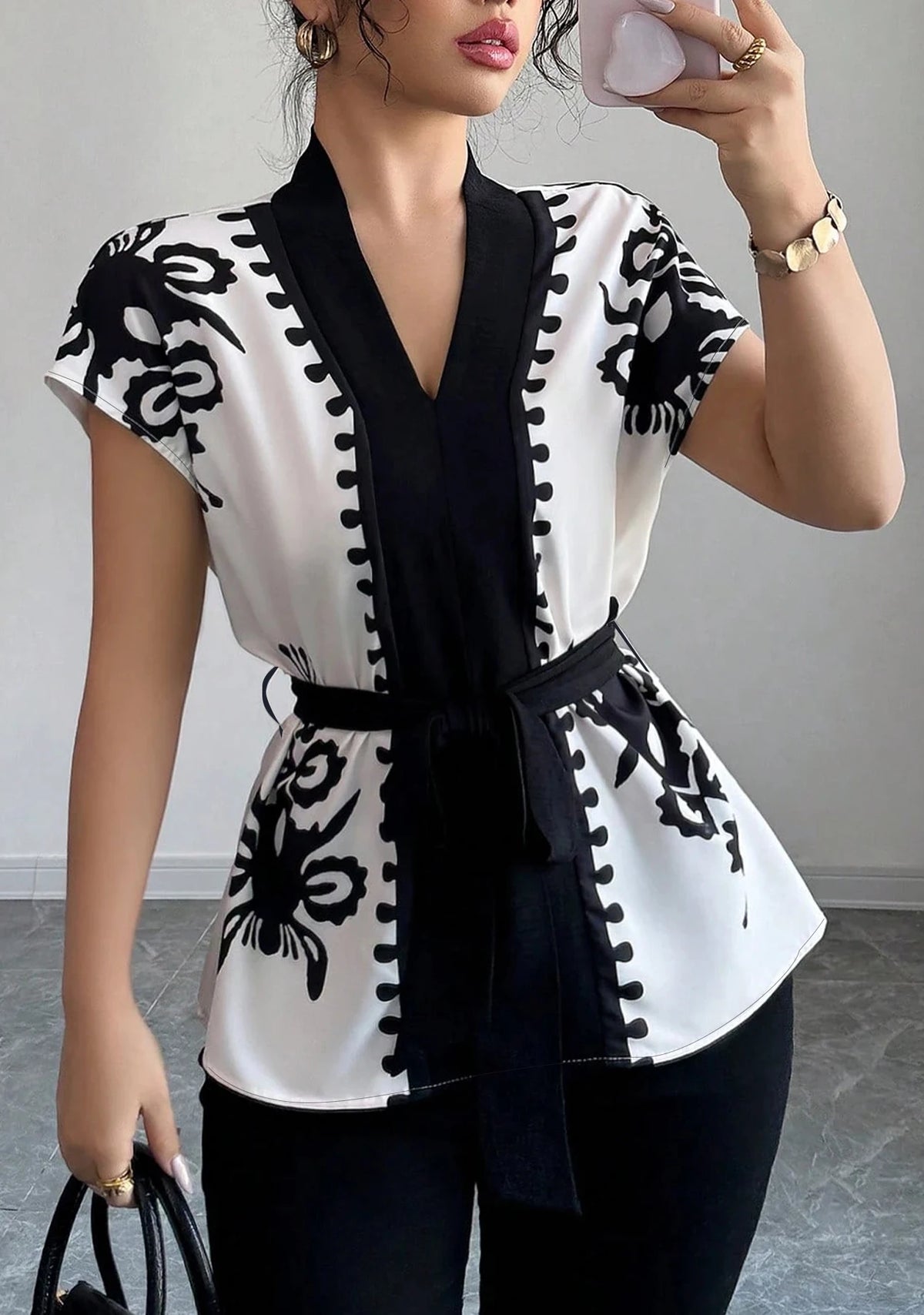Elegant Floral Print Waist-Cinching Short Sleeve Business Casual Top