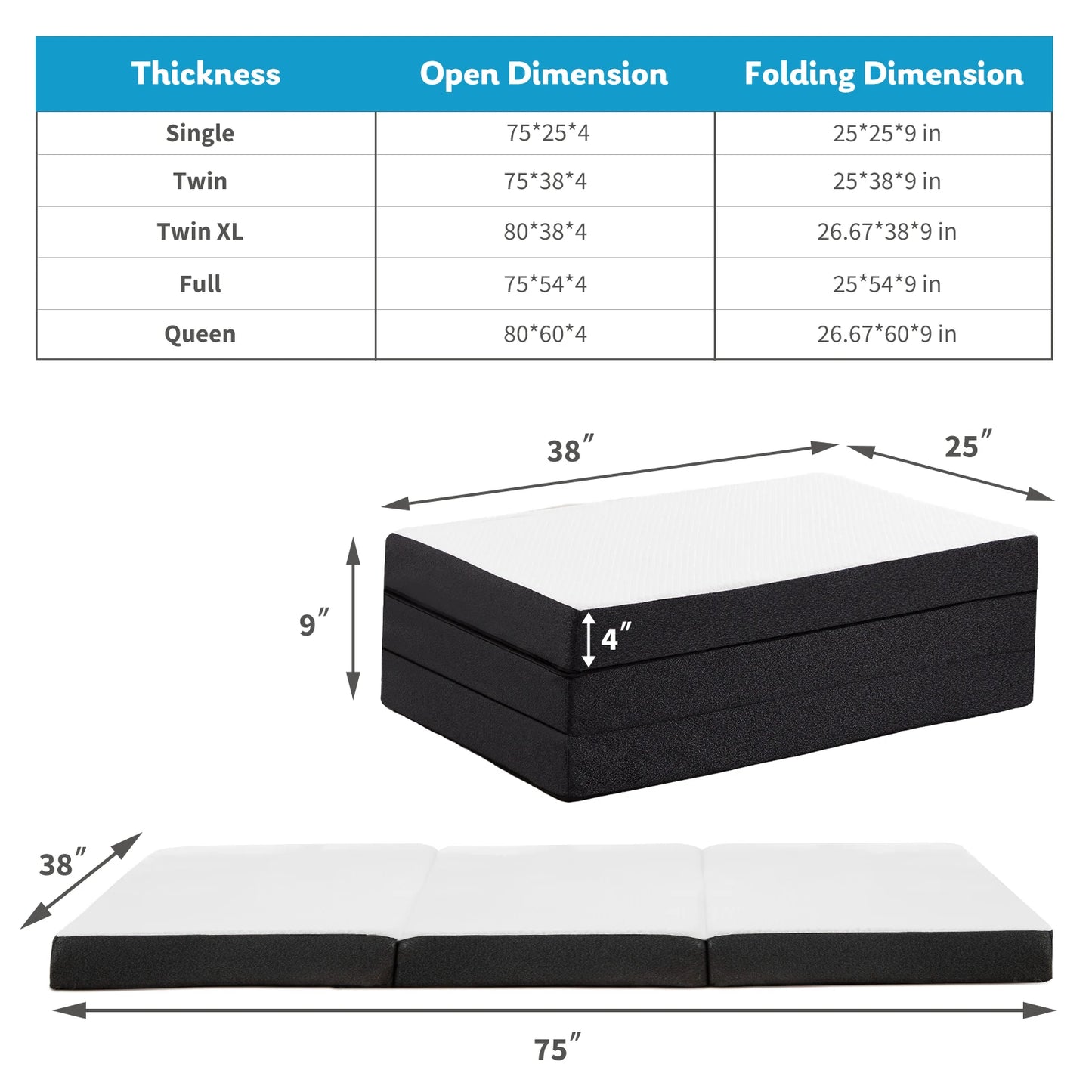 JHK Three Fold Portable Floor Bed With Memory Foam And Soft Touch