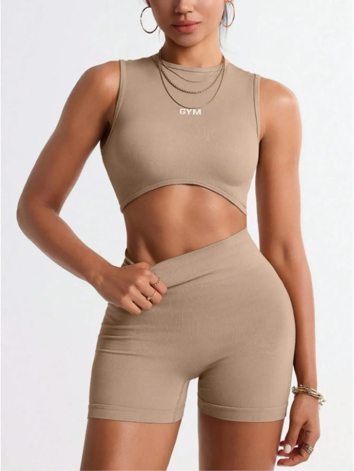 Seamless Womens Two Piece Workout Set Crop Tank Biker Shorts