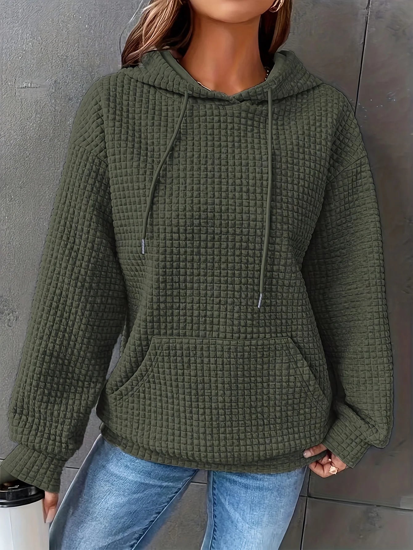 Women Waffle Knit Hoodie Long Sleeve Pullover Sweatshirt Kangaroo Pocket