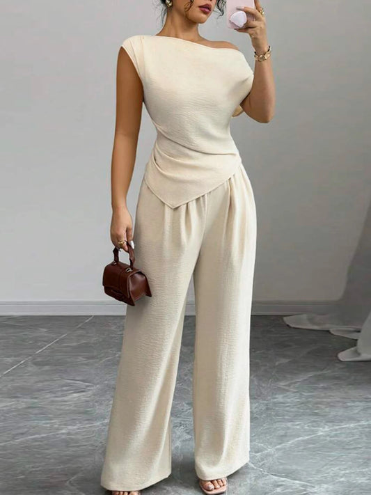 Women Elegant Polyester Asymmetric Top And Wide Leg Pants Set