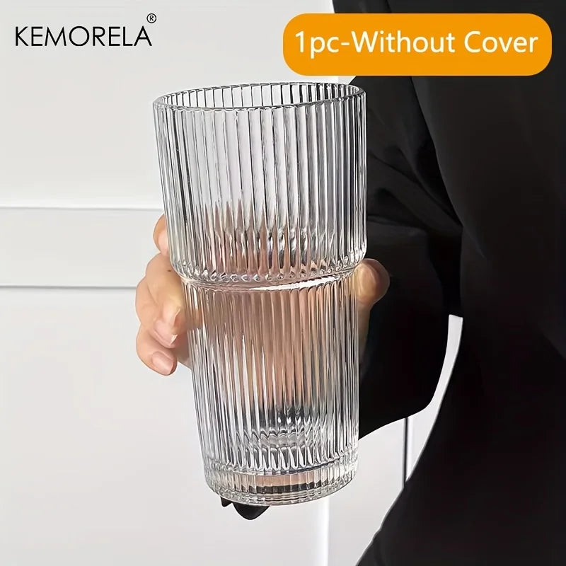 KEMORELA Striped Glass Coffee Cup With Lid For Iced Drinks
