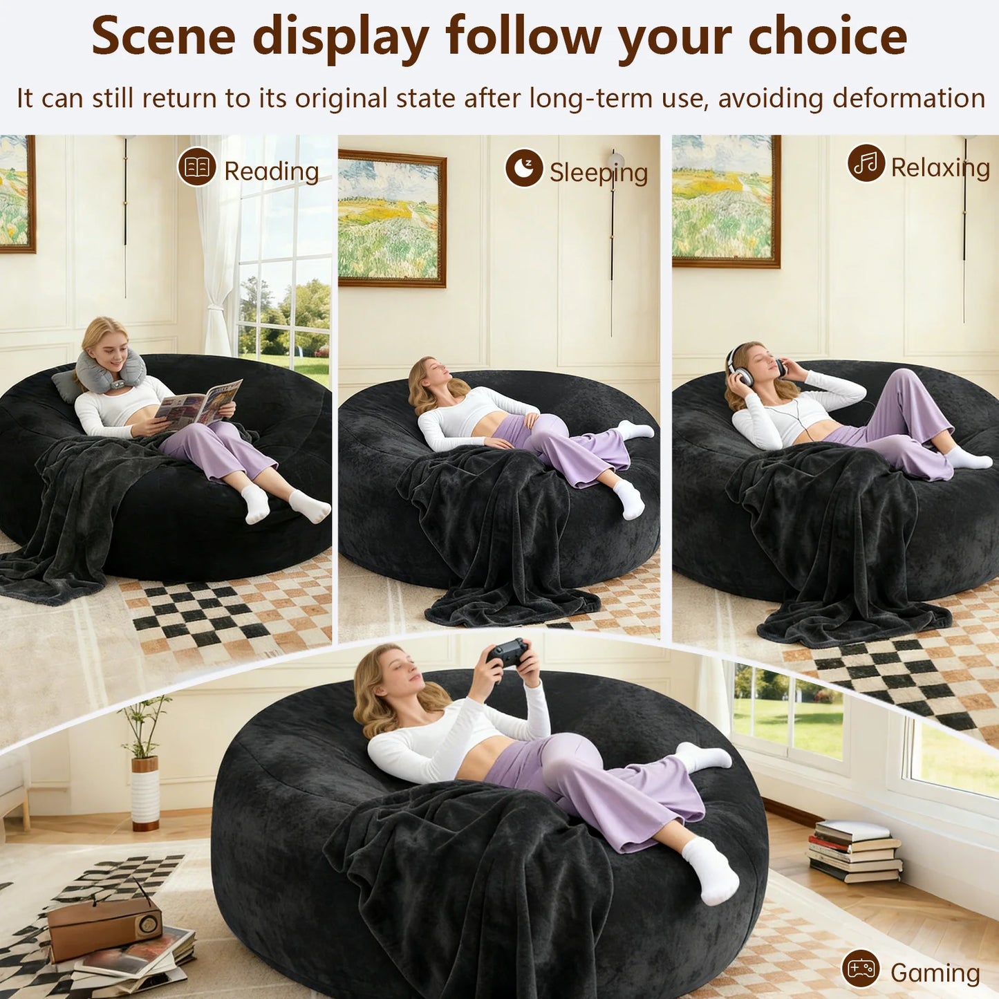Memory Foam Adult Beanbag Chair With Washable Soft Flannel Cover