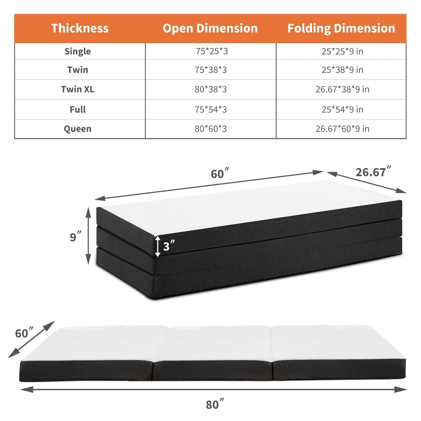 JHK Three Fold Portable Floor Bed With Memory Foam And Soft Touch