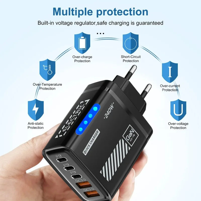 240W Five Port Fast Charger With Led Indicator For Smartphones