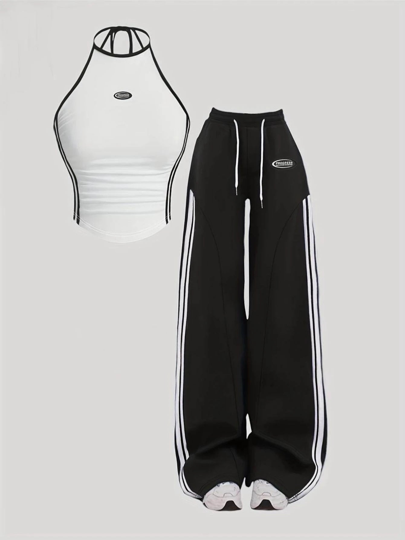 Women Striped Knit Halter Crop Top And Wide Leg Pants