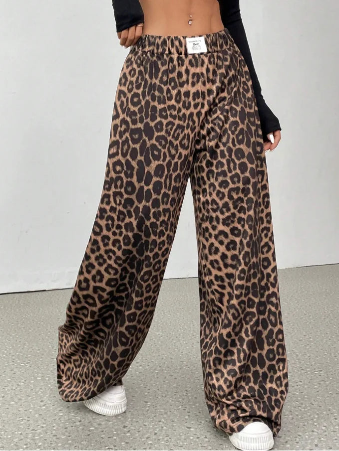 Women Leopard Print High Waist Wide Leg Casual Palazzo Pants