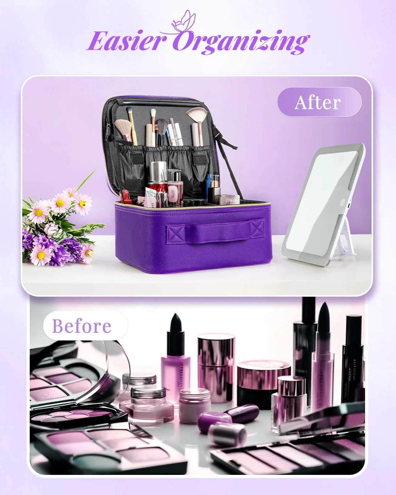 Travel Waterproof Synthetic Leather Makeup Bag With Mirror Storage Case