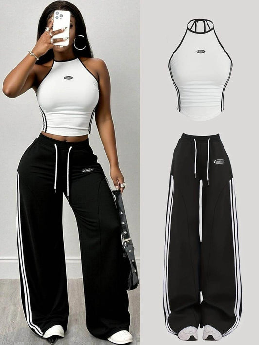 Women Striped Knit Halter Crop Top And Wide Leg Pants