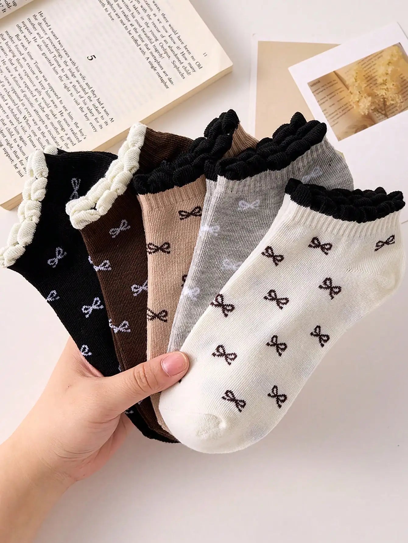 Womens Fashionable Mid Calf Socks With Elegant Floral Bow Designs
