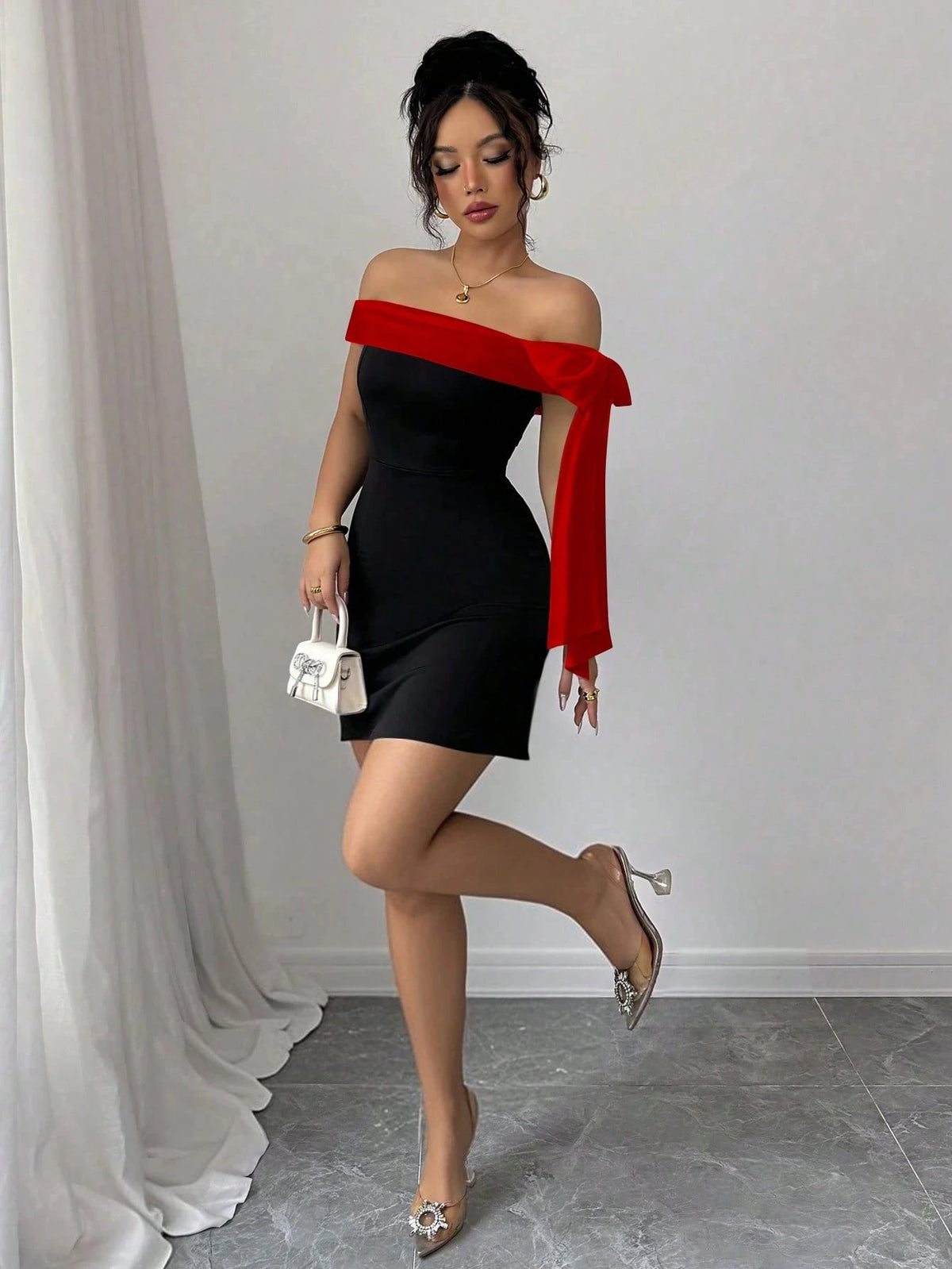 Women's Off Shoulder Bow Lace Slim Fit Party Dress