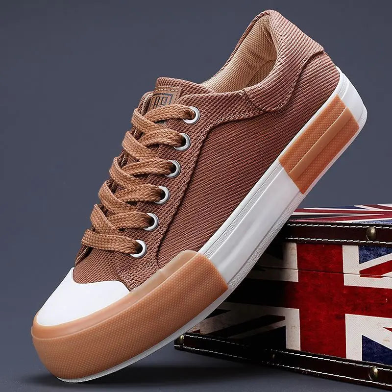 Mens Breathable Leather Canvas Lace Up Vulcanized Sneakers
