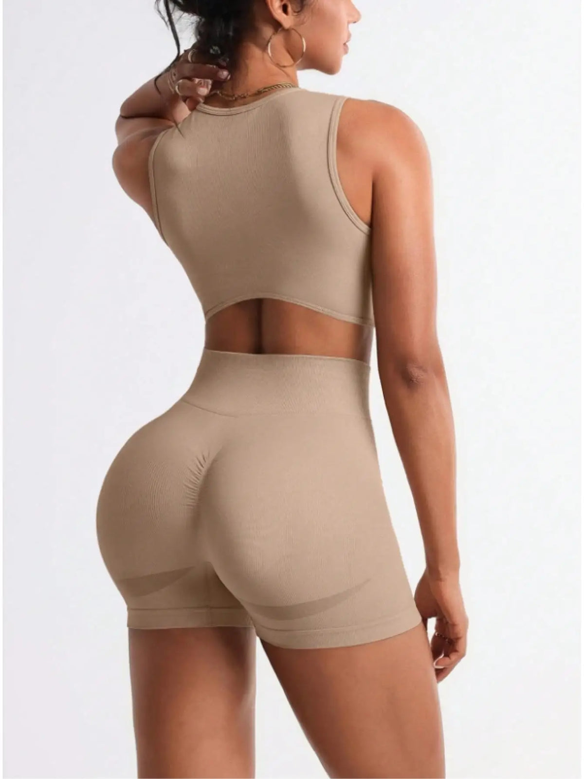 Seamless Womens Two Piece Workout Set Crop Tank Biker Shorts