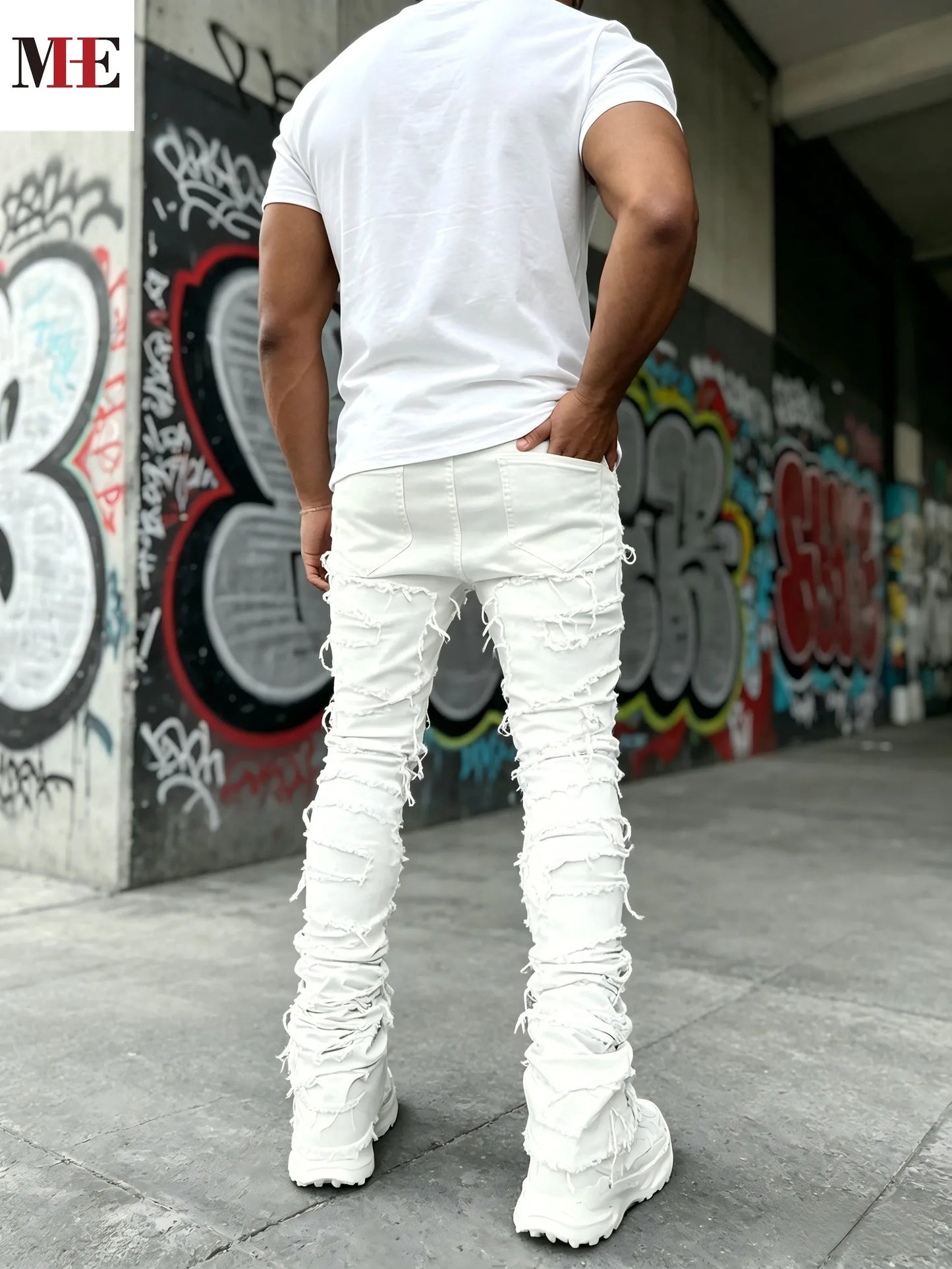 HME Mens Slim Flared Denim Jeans With Ripped Frayed Details