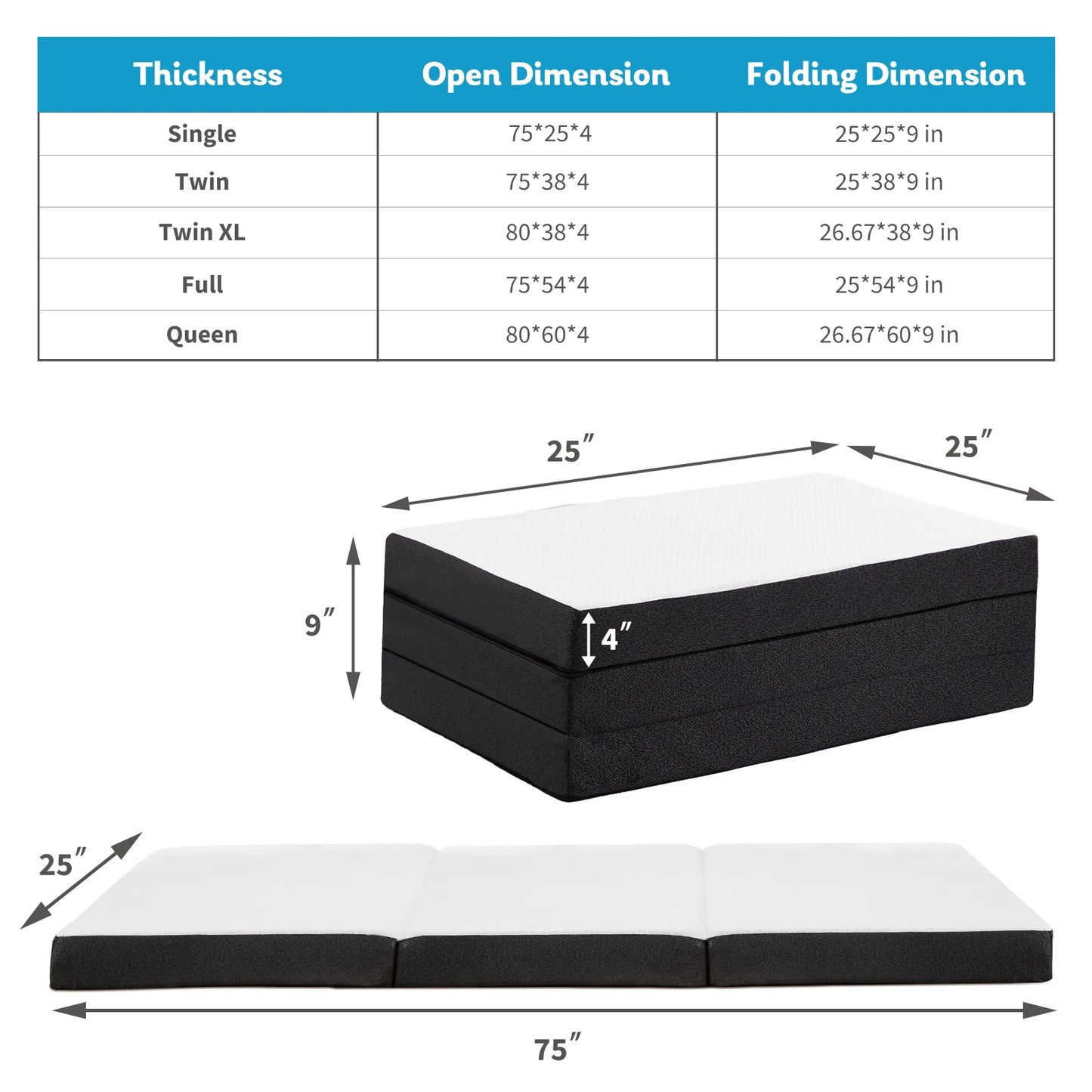 JHK Three Fold Portable Floor Bed With Memory Foam And Soft Touch