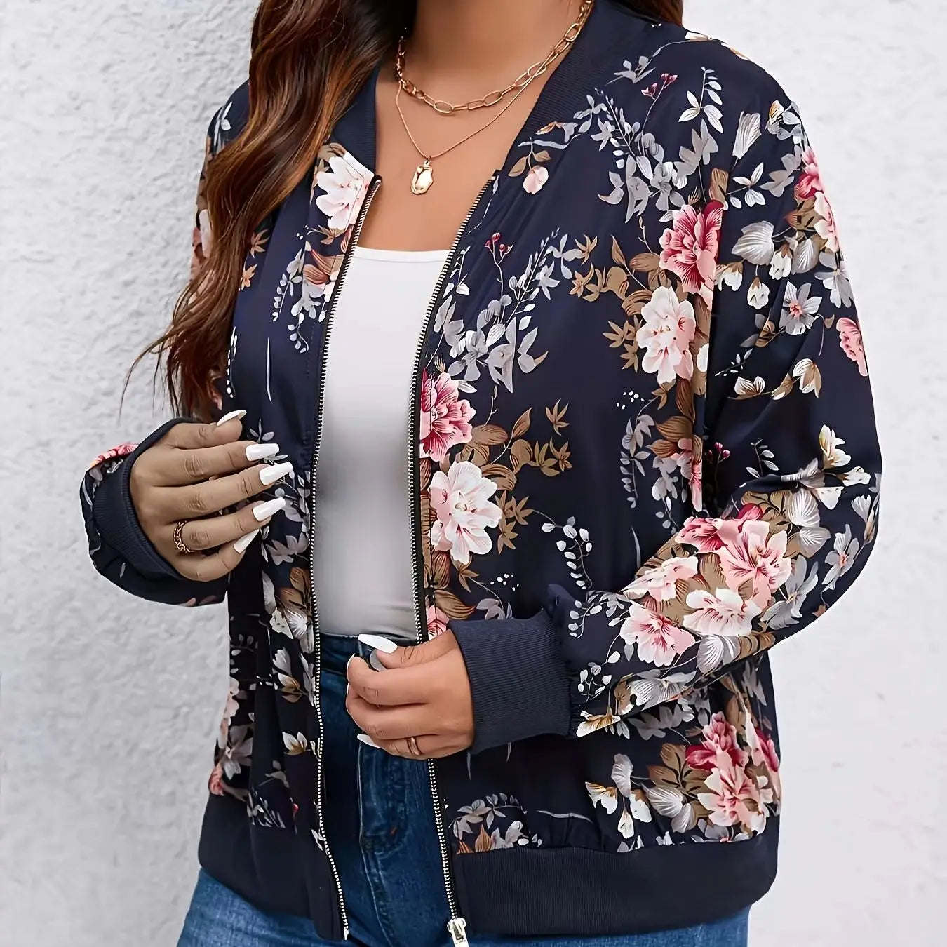 Women Floral Baseball Jacket Zipper Closure Regular Fit Outerwear