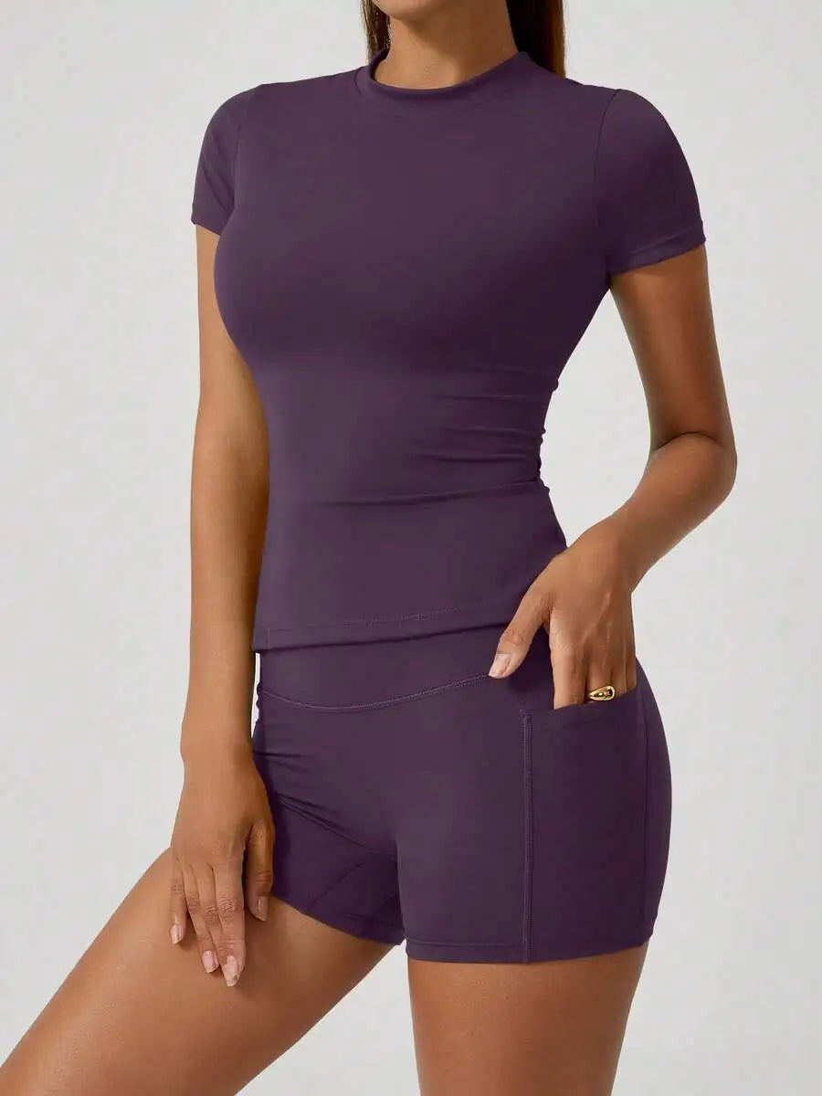 Women Sports Short Sleeve High Waist Tummy Control Shorts Set