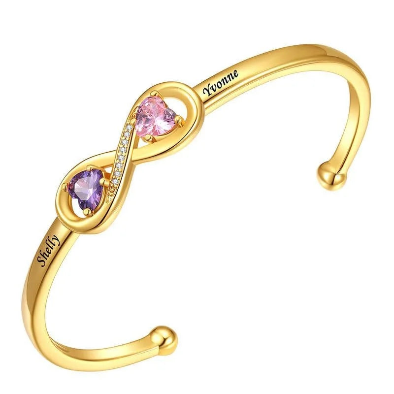 Customized Heart Birthstone Open Cuff Bracelet With Name Engraving
