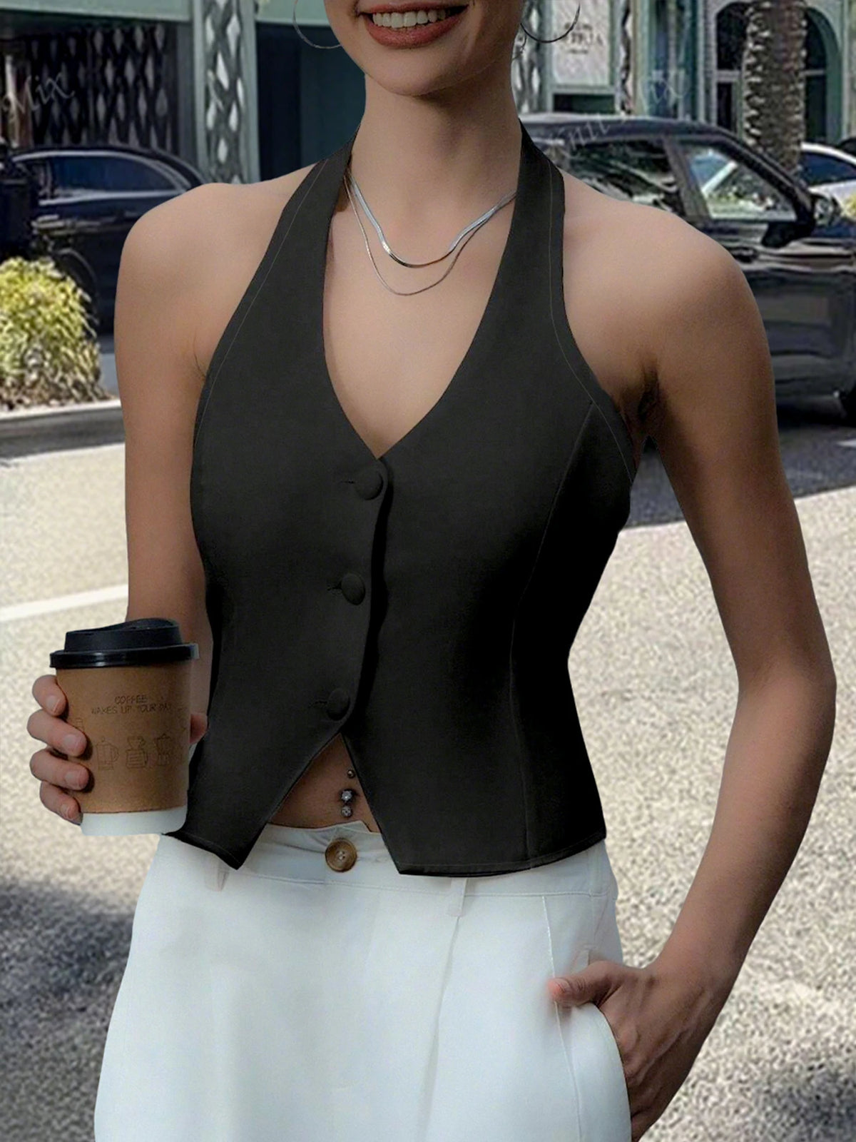 Women's Halter Neck Button Vest Top With Back Tie