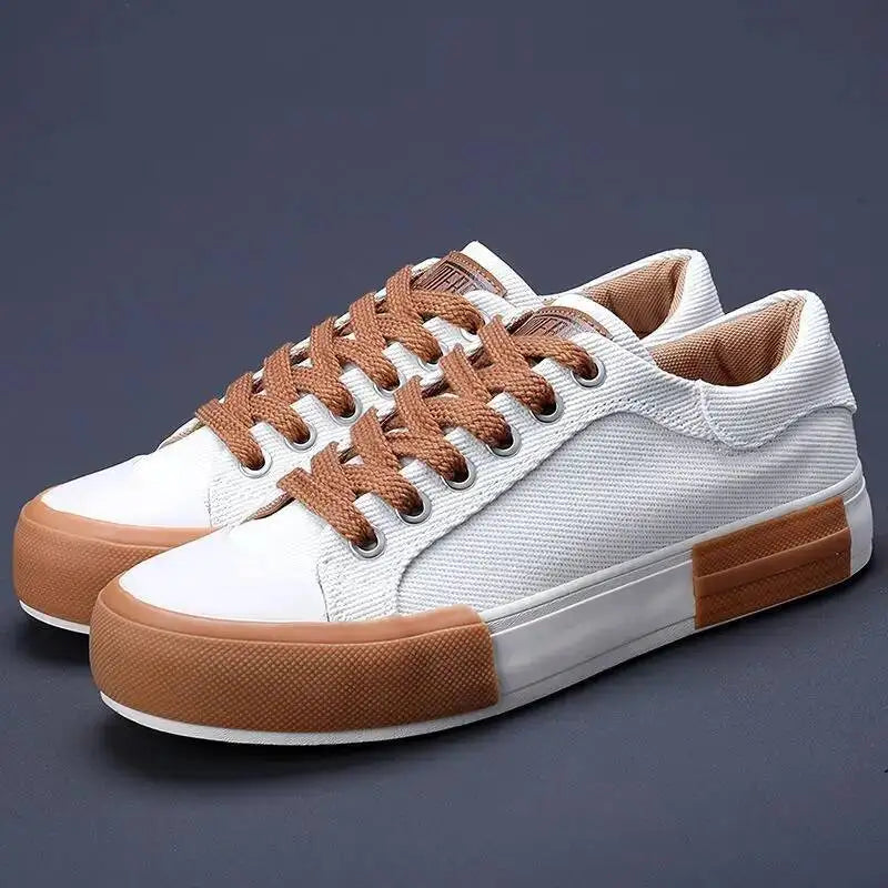 Mens Breathable Leather Canvas Lace Up Vulcanized Sneakers