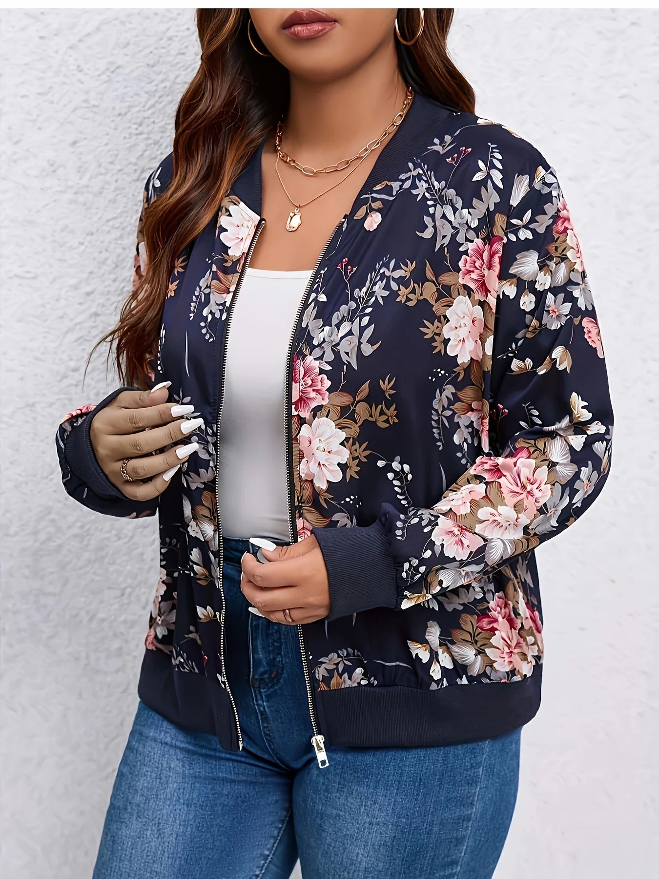 Women Floral Baseball Jacket Zipper Closure Regular Fit Outerwear