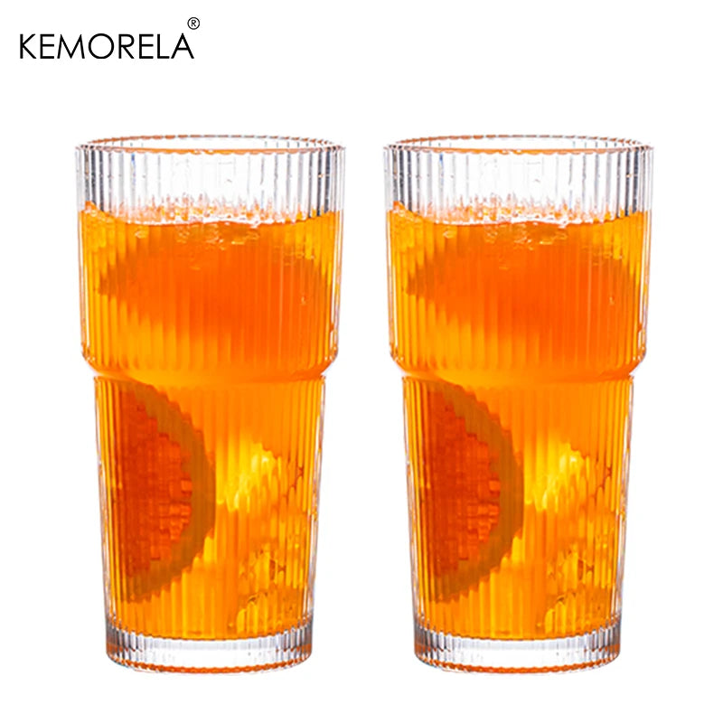 KEMORELA Striped Glass Coffee Cup With Lid For Iced Drinks