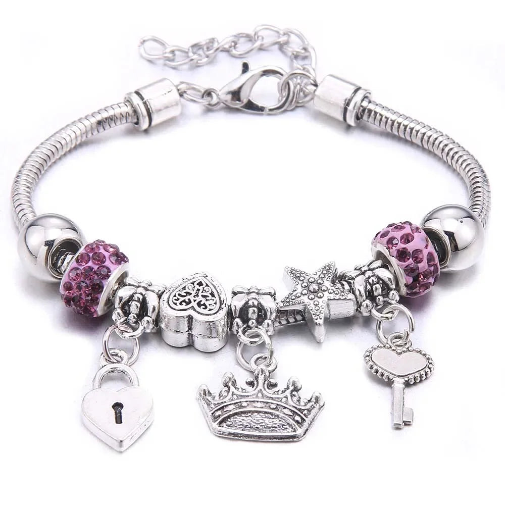 Fashion Butterfly Crown Beaded Link Chain Bracelet For Women
