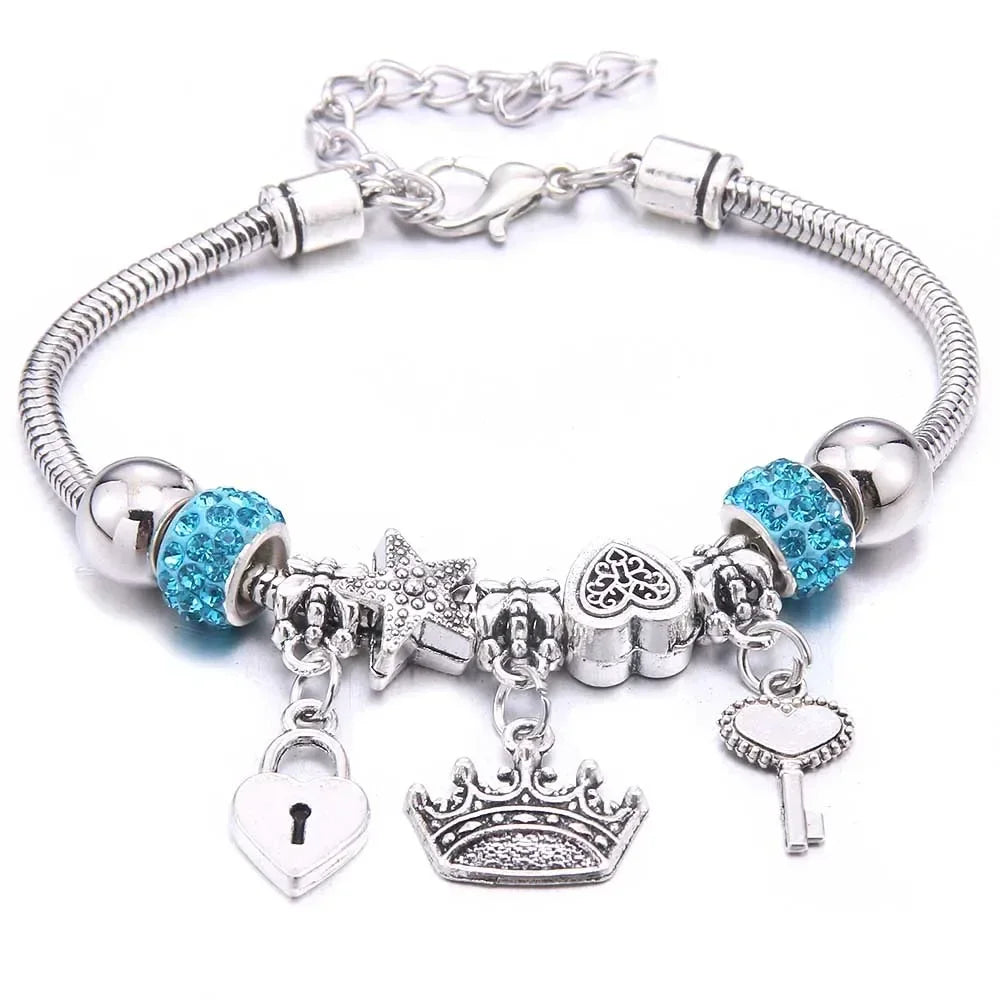Fashion Butterfly Crown Beaded Link Chain Bracelet For Women
