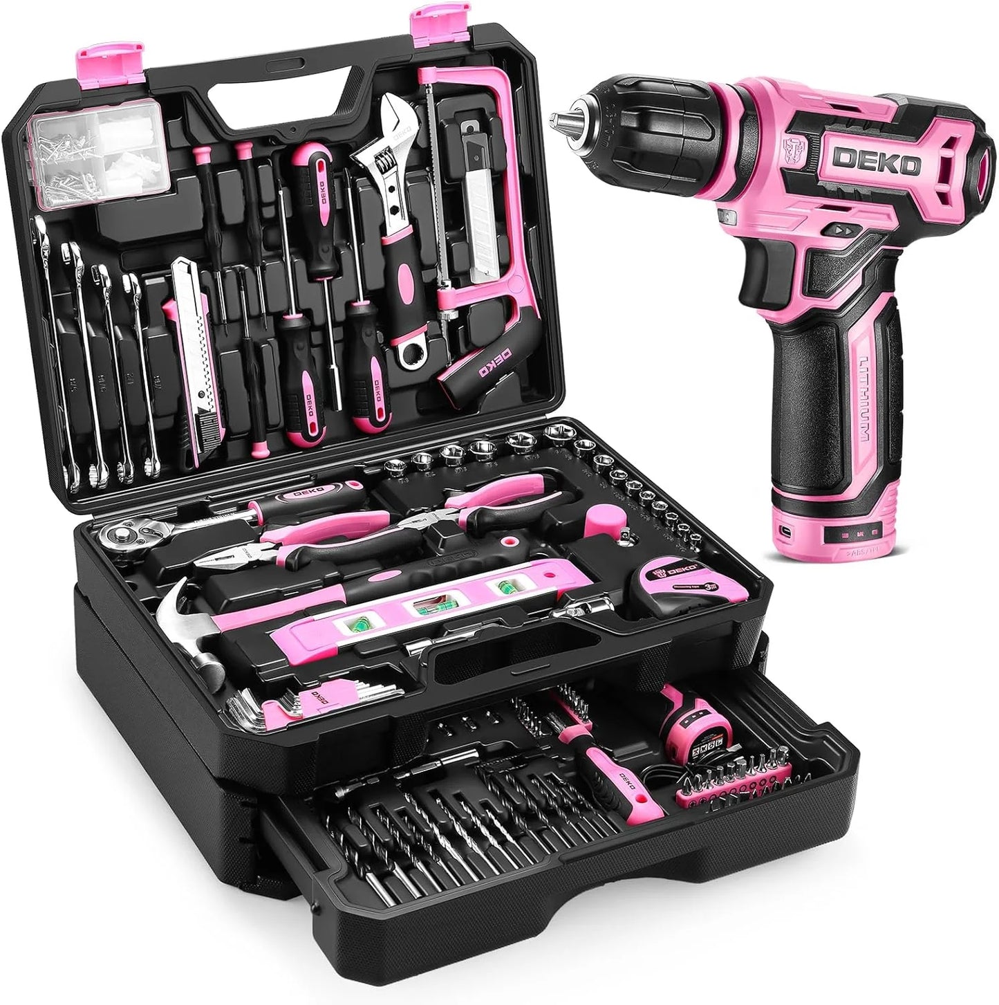 DeKo 12V Cordless Drill Home Mechanic Toolbox Set