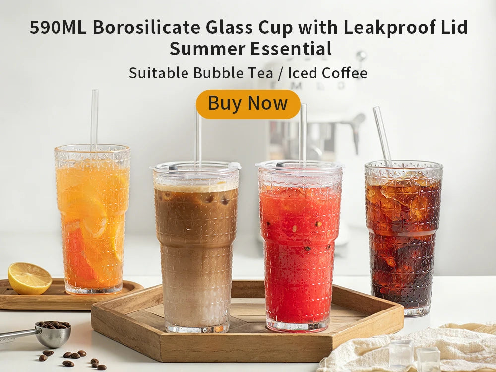 KEMORELA Striped Glass Coffee Cup With Lid For Iced Drinks