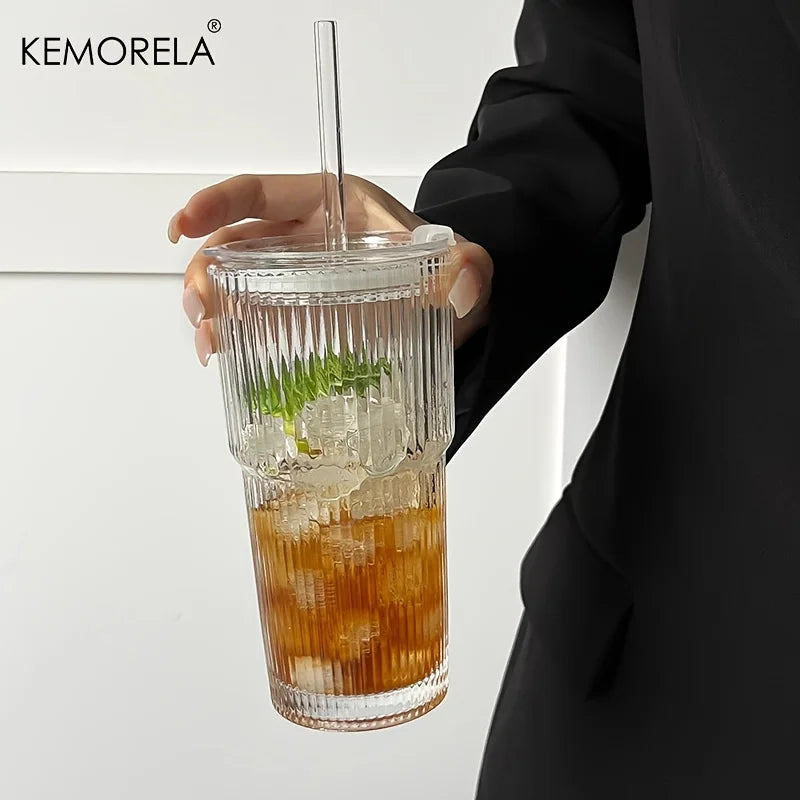 KEMORELA Striped Glass Coffee Cup With Lid For Iced Drinks