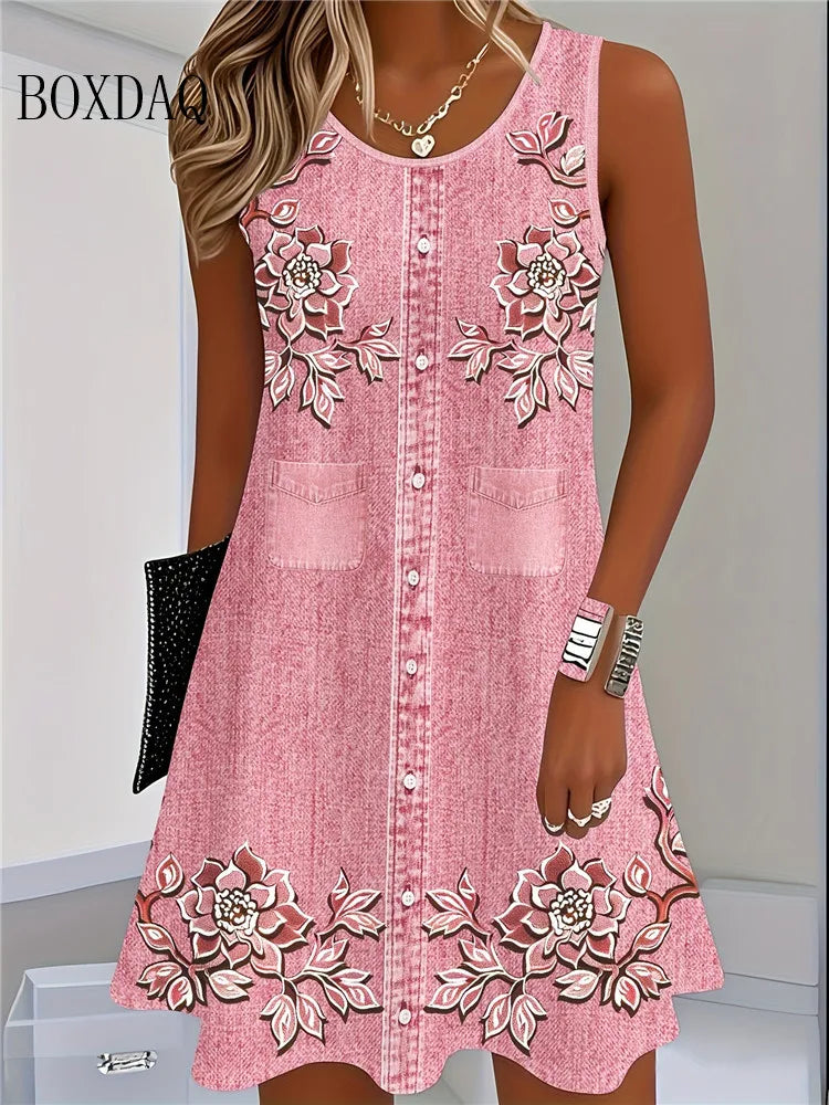 Boxdaq Women Sleeveless Bohemian Floral Print Knit Summer Dress