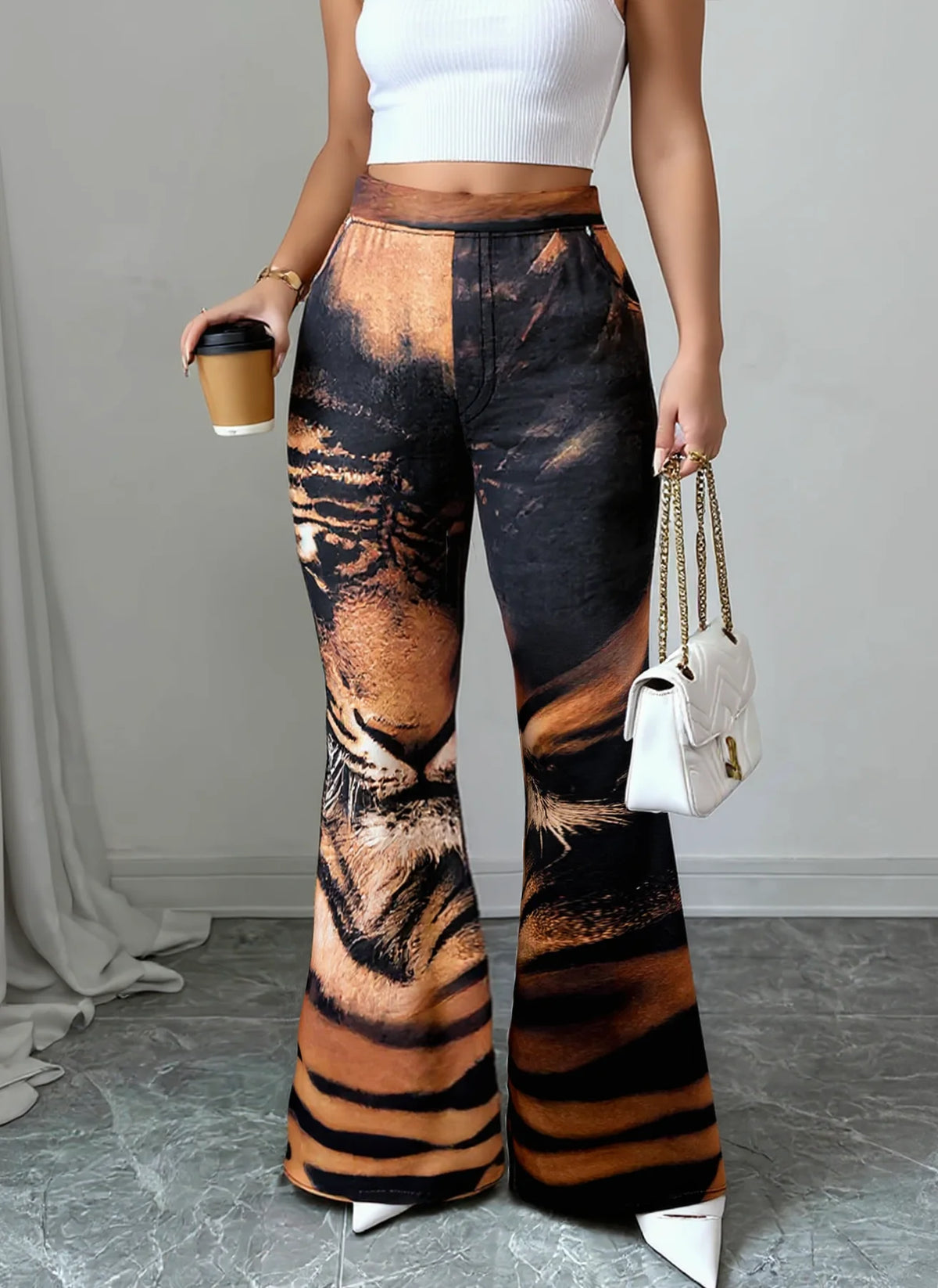 Women's Tiger Print High Waist Stretch Flare Pants