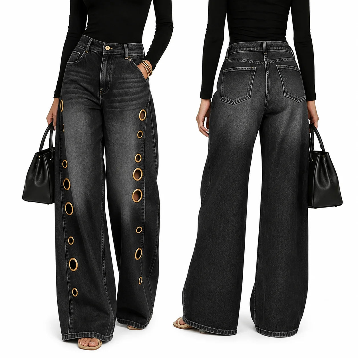 Women High Waist Wide Leg Denim Jeans With Side Eyelet Cutouts