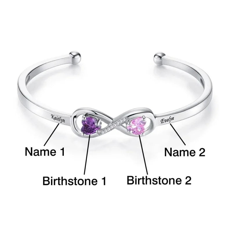 Customized Heart Birthstone Open Cuff Bracelet With Name Engraving