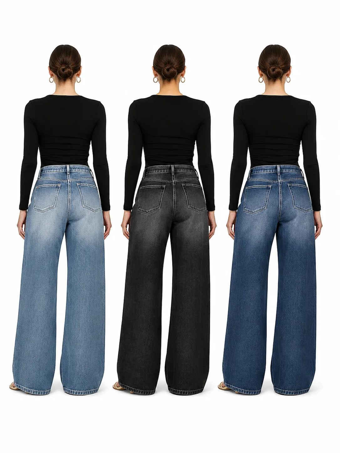 Women High Waist Wide Leg Denim Jeans With Side Eyelet Cutouts