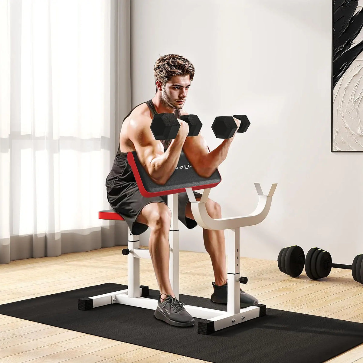 Adjustable Preacher Curl Bench With Sturdy Barbell Rack