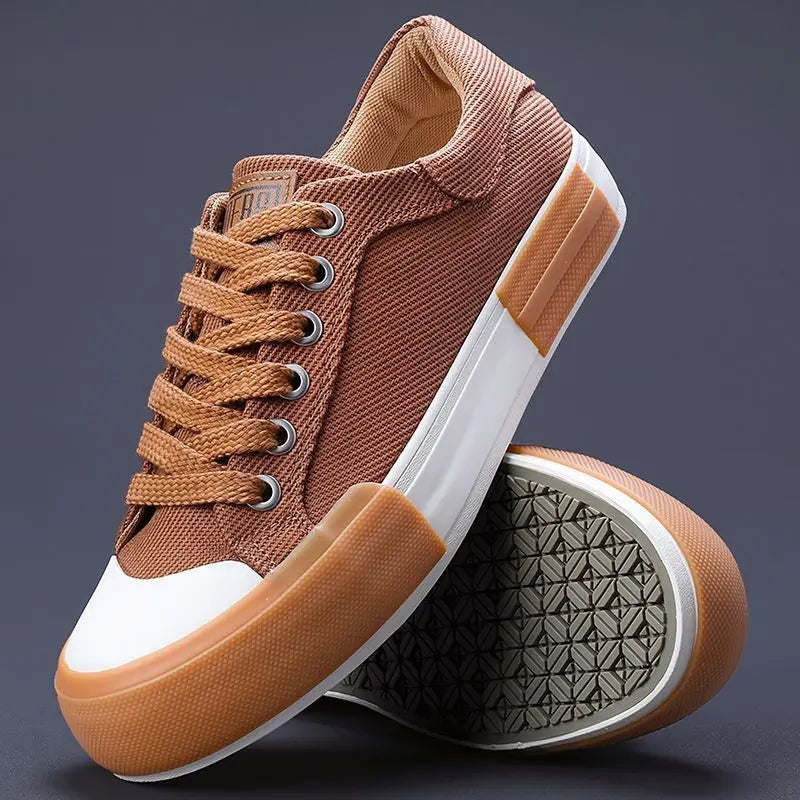 Mens Breathable Leather Canvas Lace Up Vulcanized Sneakers
