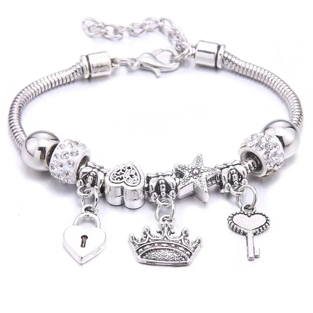 Fashion Butterfly Crown Beaded Link Chain Bracelet For Women