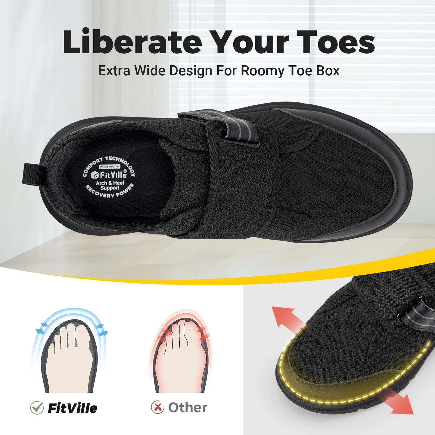 Fitville Men Diabetic Walking Shoes Extra Wide Hook Loop Comfort
