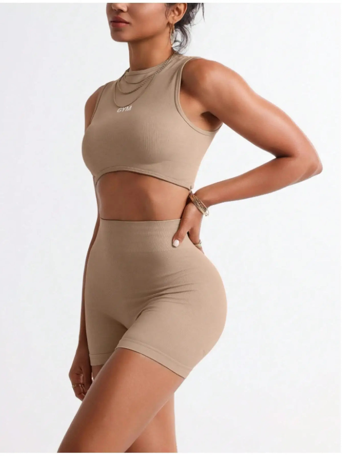 Seamless Womens Two Piece Workout Set Crop Tank Biker Shorts