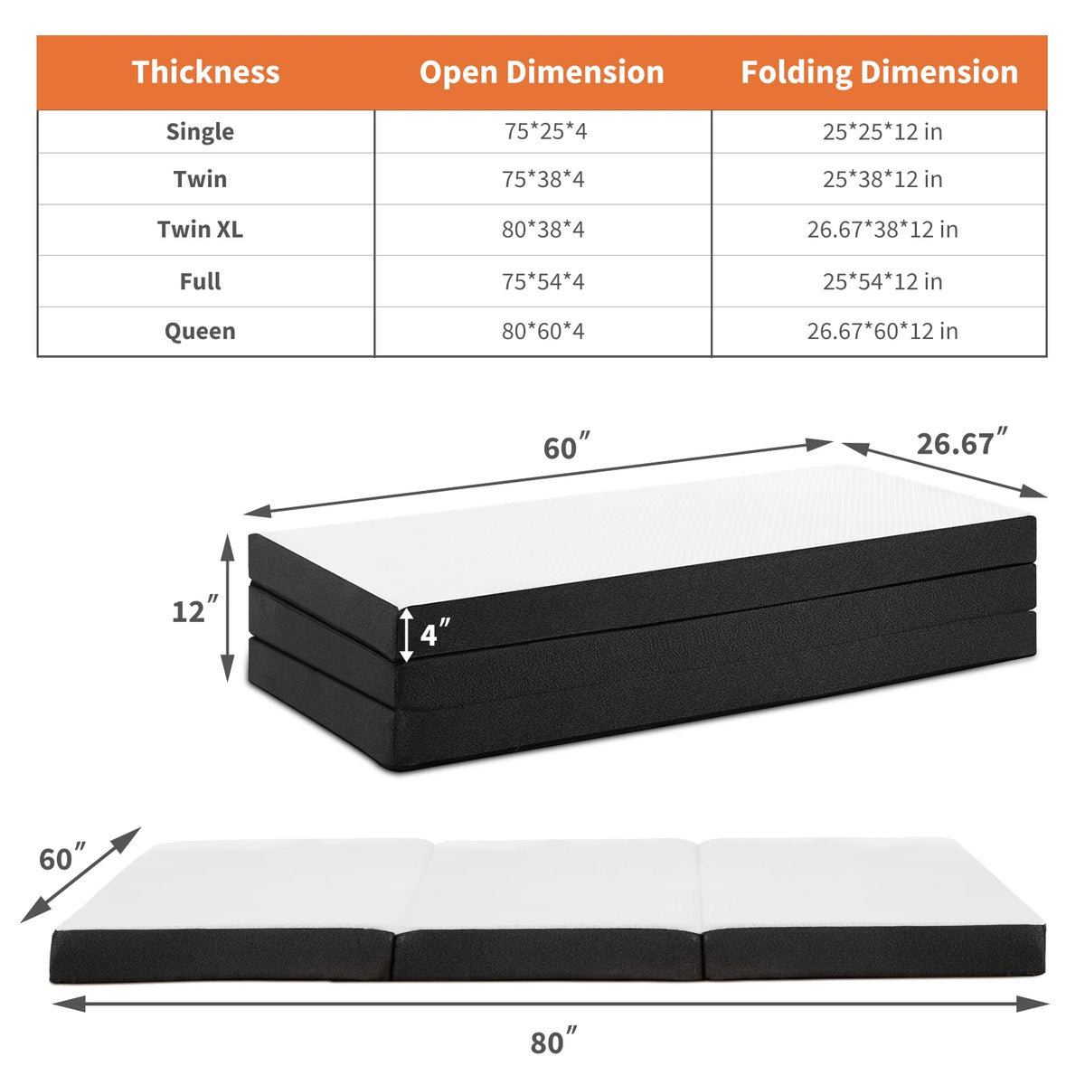 JHK Tri Fold Memory Foam Mattress With Washable Cover