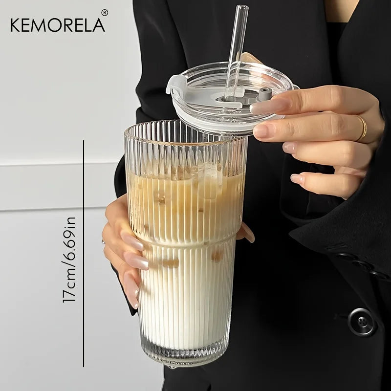 KEMORELA Striped Glass Coffee Cup With Lid For Iced Drinks