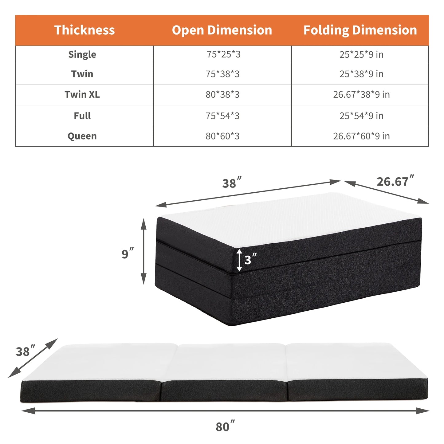 JHK Three Fold Portable Floor Bed With Memory Foam And Soft Touch