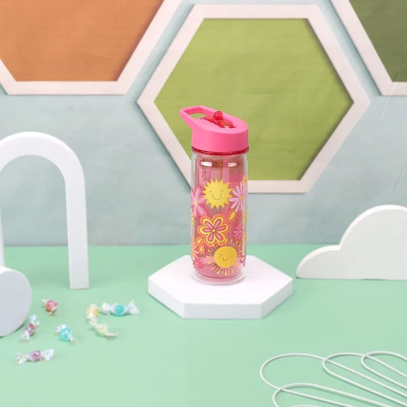 Flower Double Wall Insulated Reusable Plastic Water Bottle With Straw