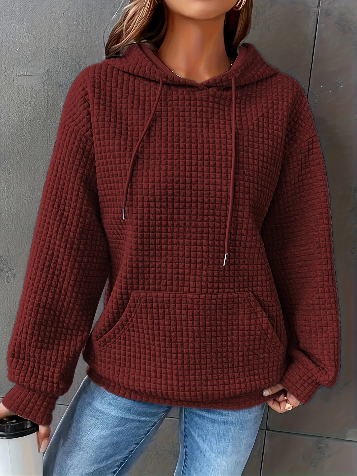 Women Waffle Knit Hoodie Long Sleeve Pullover Sweatshirt Kangaroo Pocket