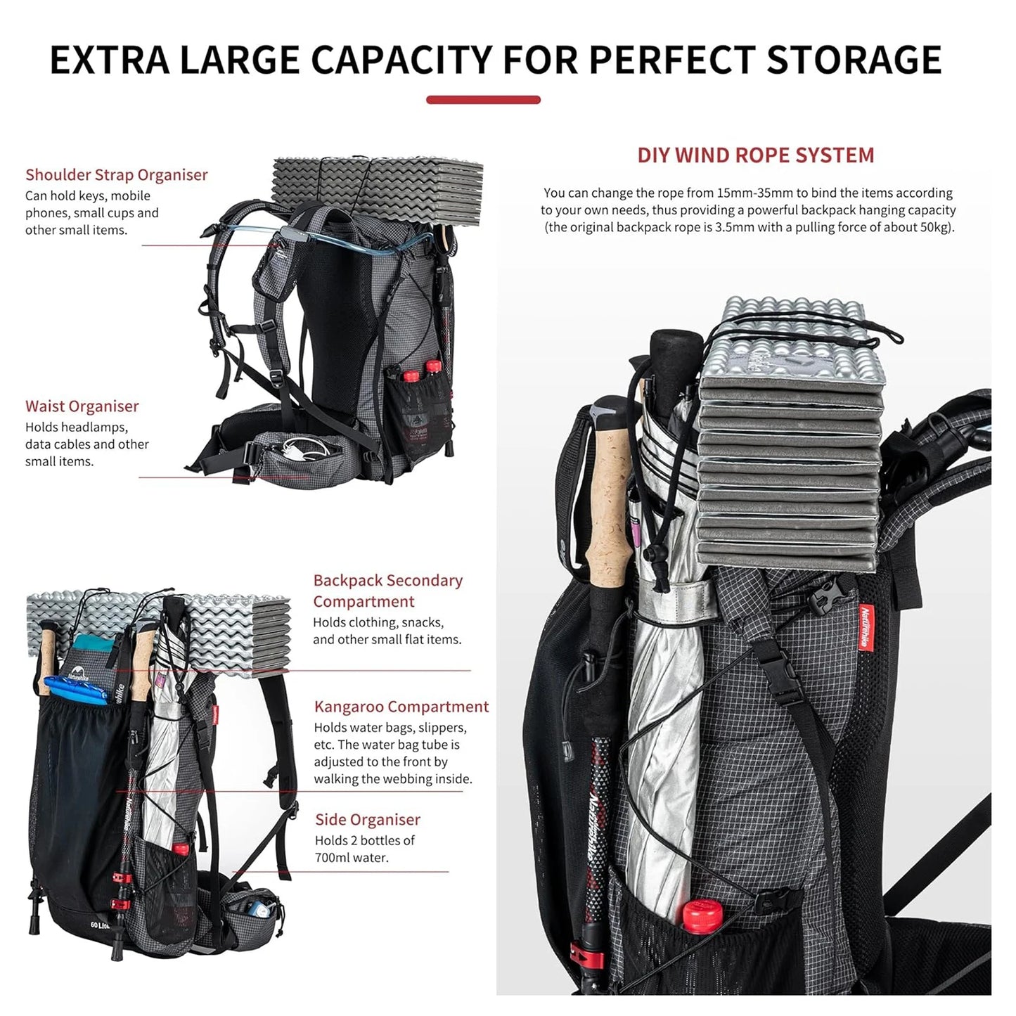 Naturehike Waterproof 60+5L Hiking Backpack With Rain Cover