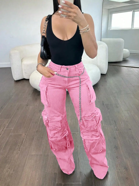 Women's Cargo Jeans High-Rise Pear-Shaped Wide-Leg Pants With Pockets