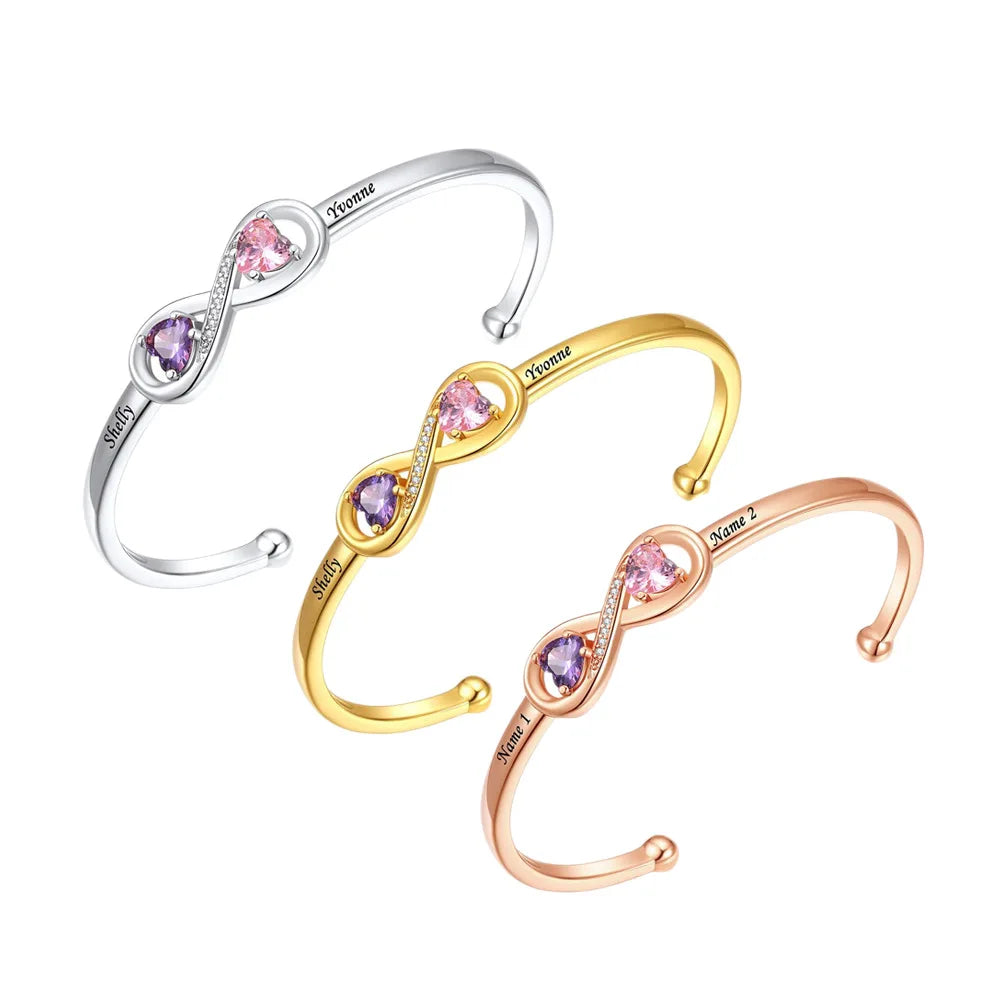 Customized Heart Birthstone Open Cuff Bracelet With Name Engraving