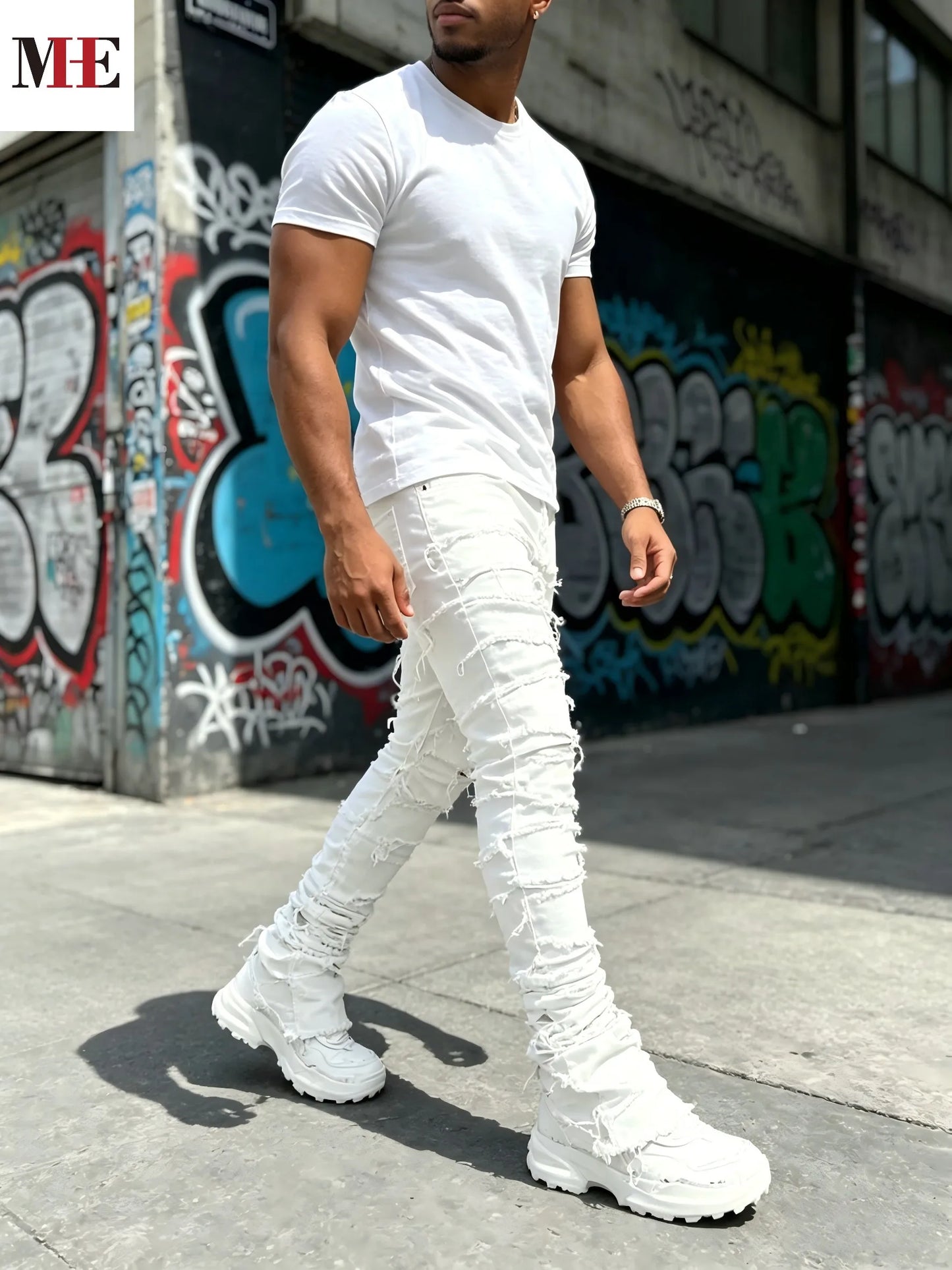 HME Mens Slim Flared Denim Jeans With Ripped Frayed Details